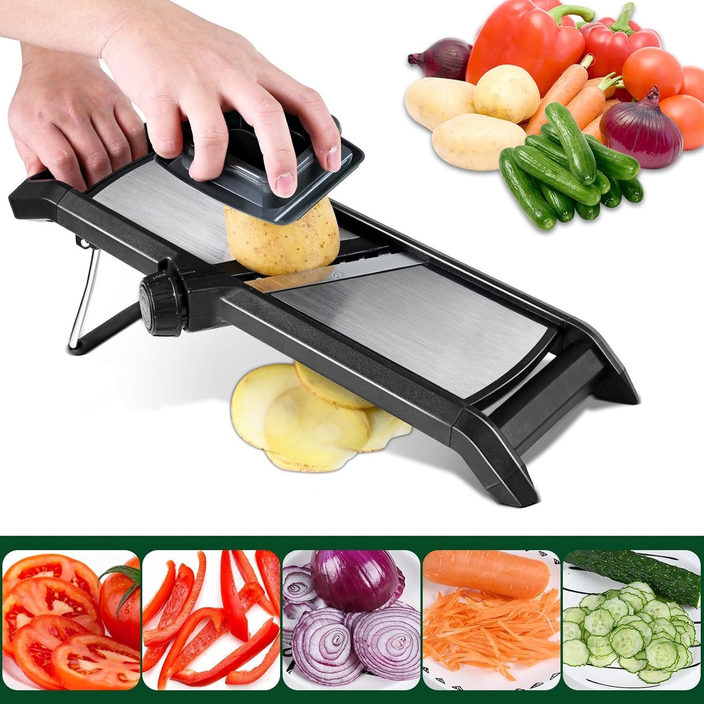 Adjustable Mandoline Vegetable Slicer by Harcas. for Slicing Cutting Food, Fruit, Vegetables, Onions and Potatoes. Mandolin Slicer Julienne Cutter (Black)
