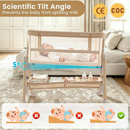 Next To Me Crib – Adjustable Baby Bed with Dropside, Premium Mattress, Breathable Mesh & Storage Shelf - No-Tool Assembly Bedside Baby Crib, Bassinet for Newborns 0–6 Months (Beige)