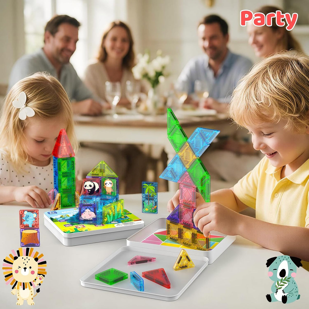 ACELIFE Magnetic Tiles 60Pcs, Animal Jungle Magnetic Travel Toy for Kids, Montessori Portable STEM Mini Magnetic Tiles Travel Set Birthday Gift for Boys Girls Ages 3-8