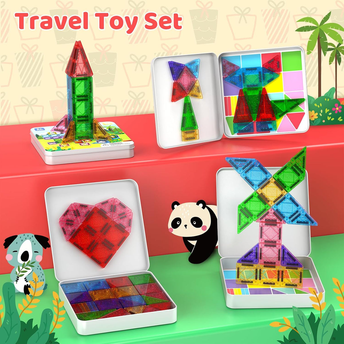 ACELIFE Magnetic Tiles 60Pcs, Animal Jungle Magnetic Travel Toy for Kids, Montessori Portable STEM Mini Magnetic Tiles Travel Set Birthday Gift for Boys Girls Ages 3-8
