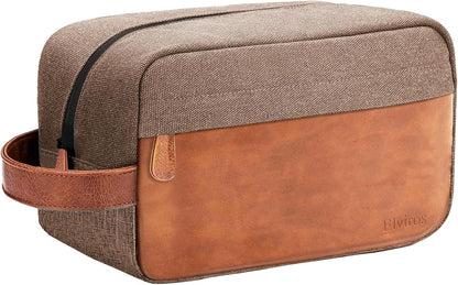 Elviros Travel Toiletry Bag for Men, Hanging Toiletries Bag Water Repellent Dopp Kit PU Leather Travel Wash Bag for Toiletries Accessories,Gift for Men (Khaki)