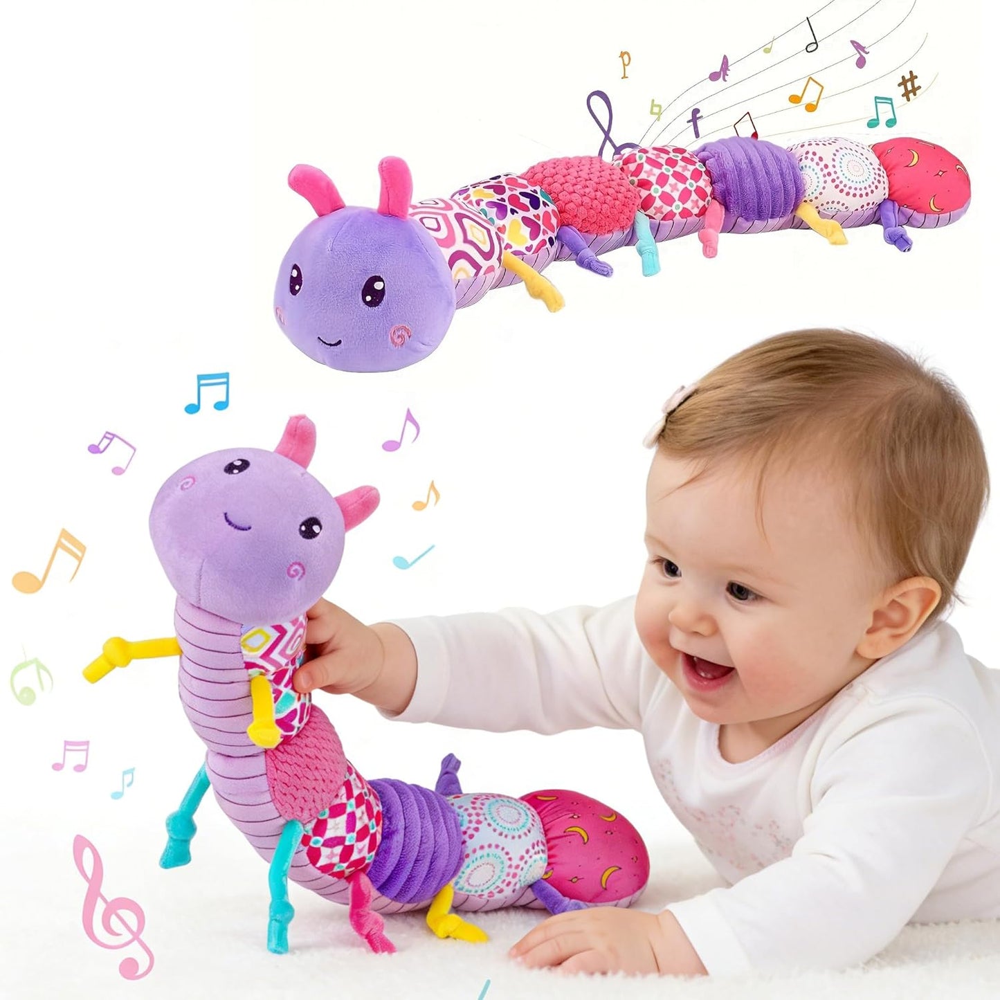 Baby Infant Caterpillar Musical Stuffed Animal Soft Toy with Multi-Sensory Crinkle, Rattle and Textures, Baby Girl Toy Birthday Gift for 0 3 6 9 12 Months+