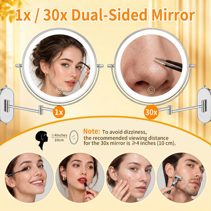 iCare 8'' Shaving Mirror Wall Mounted With Light - 1X/30X Magnifying Mirror