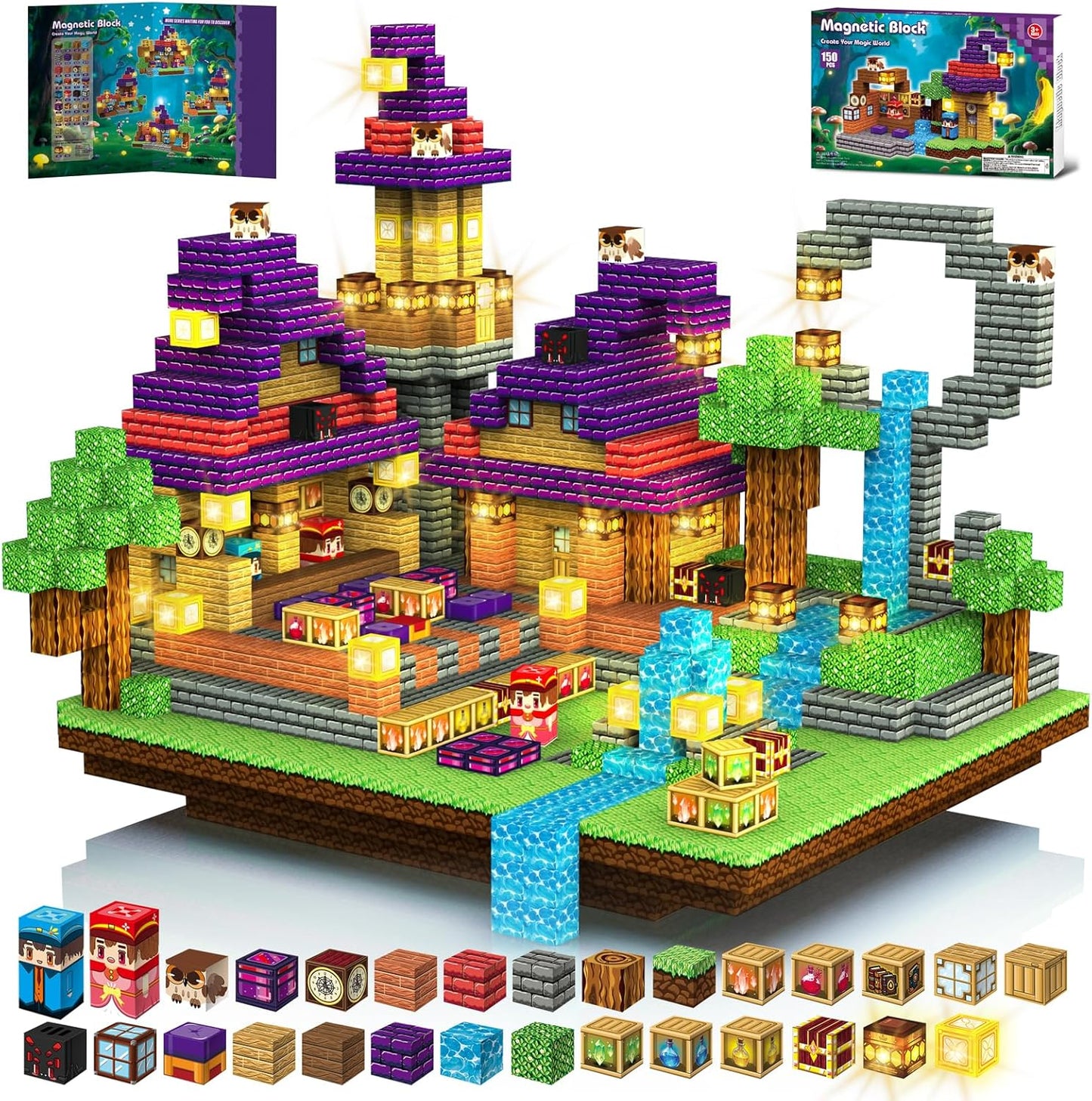 150pcs Magnetic Blocks - Magnetic School Castle Set with Light Up Blocks - Kids Classroom Sensory Toy for Toddlers STEM, Construction Stacking Toy Kids 3+ Boys Girls Christmas Birthday Gifts