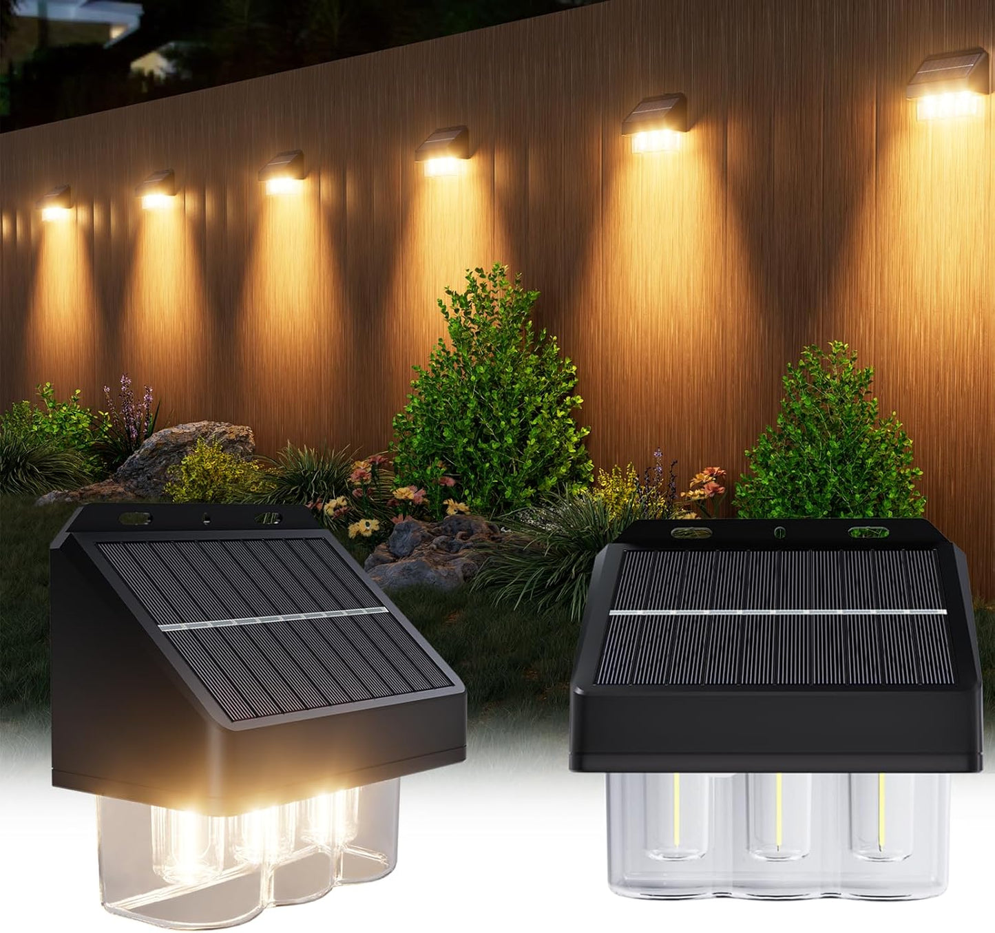 Solar Fence Lights Outdoor - 2 Pack, Garden Fence IP67 Waterproof, Warm White 3-Bulb Solar Wall Lights for Patio Decking & Yard Decoration