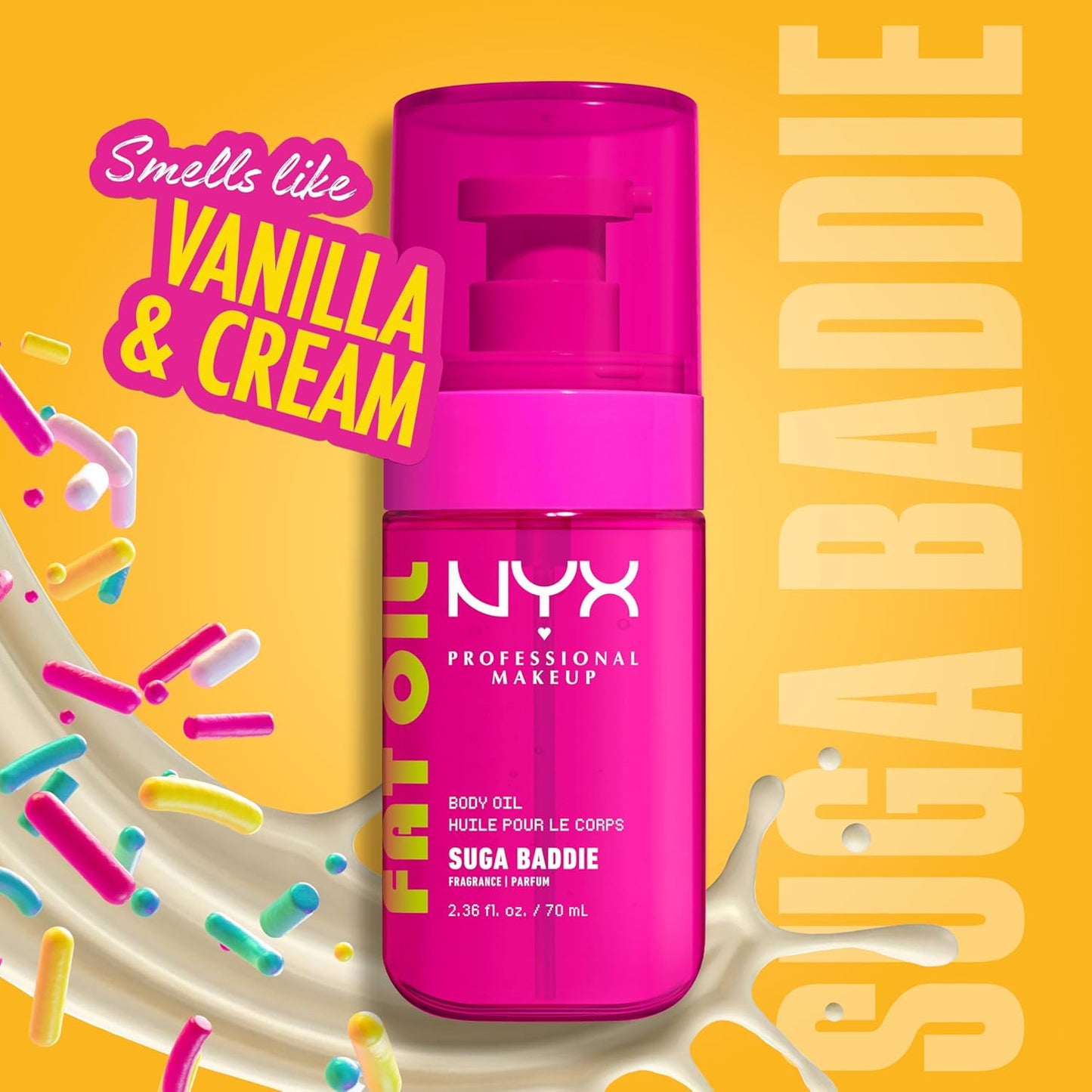NYX Body Oil, Fat Oil Shimmering Body Moisturiser for Glowing Skin, 24hr Hydration with Avocado Oil & Vitamin E, High-Shine Finish, Non-Greasy & Vegan, Suga Baddie