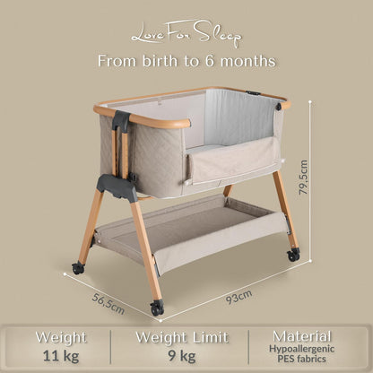 SnooBee Next To Me Bedside Crib & Baby Co-Sleeper – 6 Height Levels, Wheels, Quilted Mattress, Breathable Mesh Sides with Mosquito Net, Foldable Baby Cot with Carry Bag (0–6 Months) - Khaki/Pine