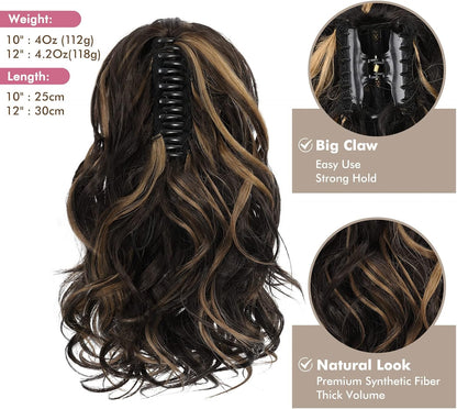 Claw Clip in Ponytail Hair Extensions 10 Inch Short Curly Ponytail Natural Wavy Synthetic Hairpiece for Women – Dark Brown with Highlights