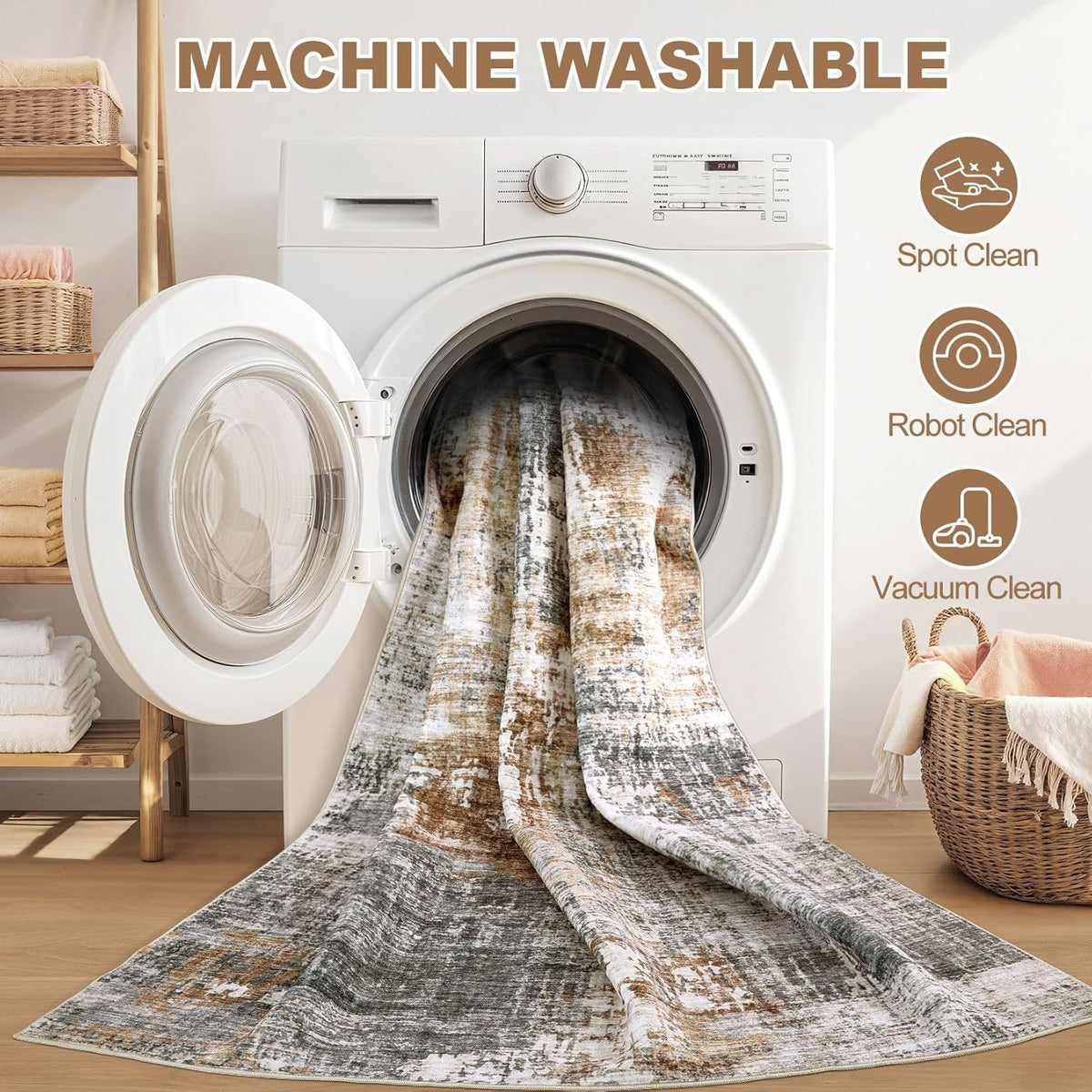 DMOYEST Round Rugs Living Room 135x135cm Washable Abstract Grey Brown
