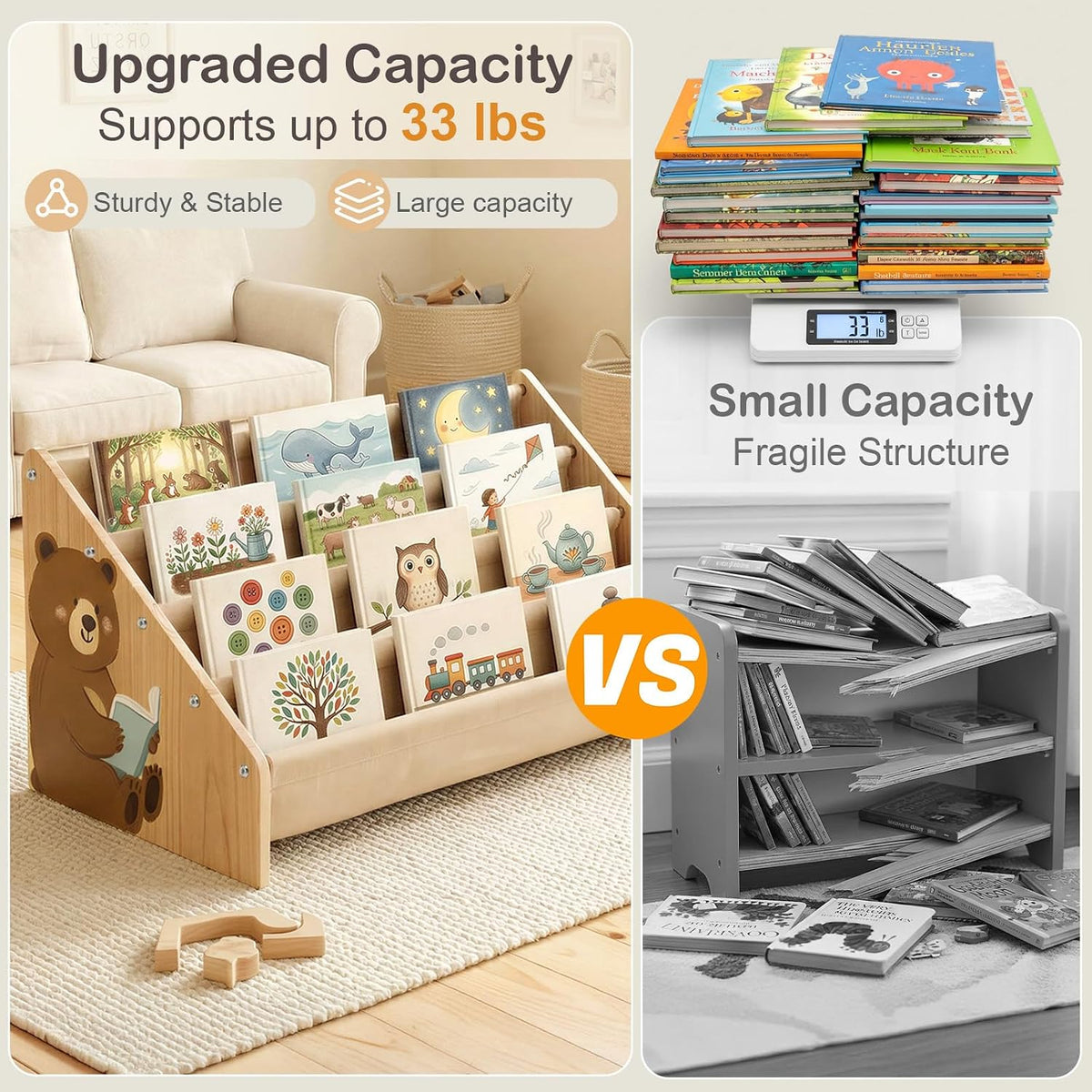 Kids Bookshelf, 4-Tier Solid Wood Toddler Bookcase for Nursery