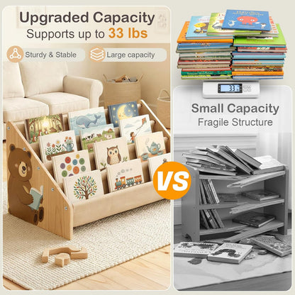 Kids Bookshelf, 4-Tier Solid Wood Toddler Bookcase for Nursery