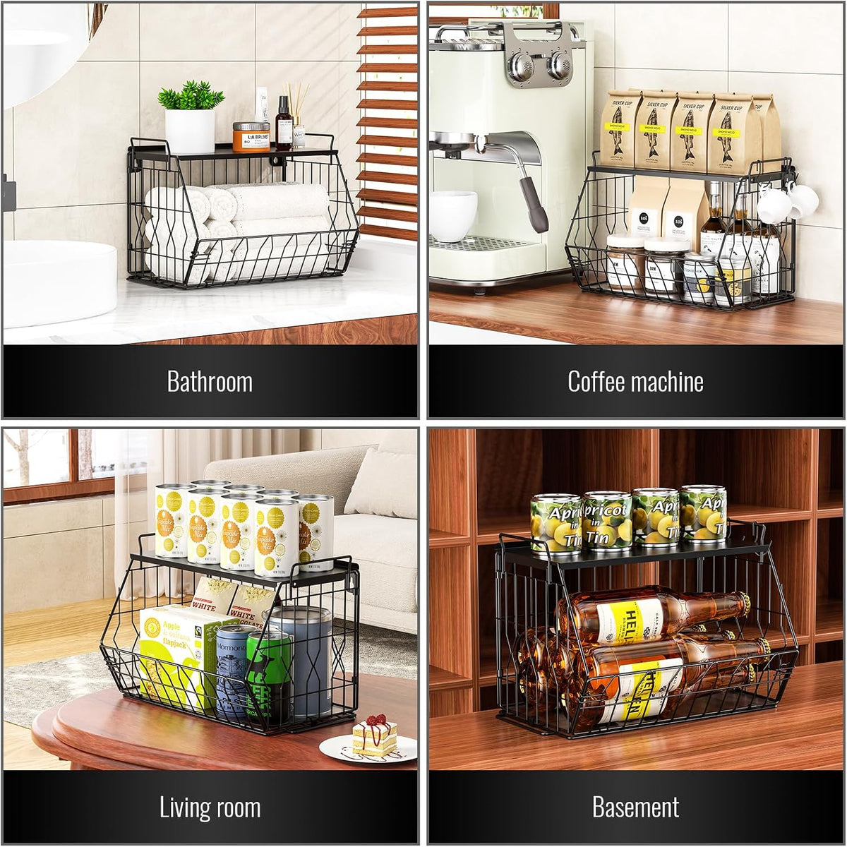 YSD 2-Tier Metal Storage Organizer Stackable Countertop & Wall Mount Shelf for Kitchen, Bathroom, Laundry - Hanging Fruit Basket, Vegetable Rack for Fruits, Veggies, Toiletries & Household Items