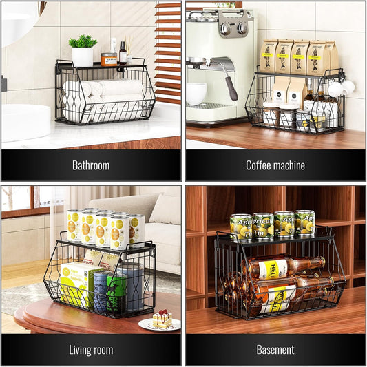 YSD 2-Tier Metal Storage Organizer Stackable Countertop & Wall Mount Shelf for Kitchen, Bathroom, Laundry - Hanging Fruit Basket, Vegetable Rack for Fruits, Veggies, Toiletries & Household Items
