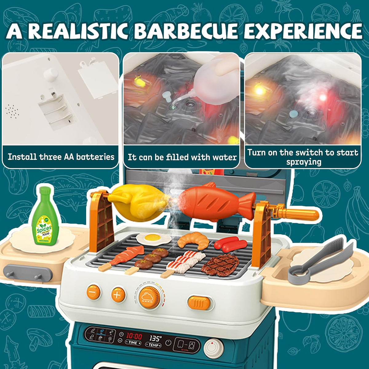 BLUE Kids BBQ Grill Playset, Toys BBQ Set for Kids, Play Kitchen Set with Accessorie & Realistic Smoke/Sound/Light Play Toys