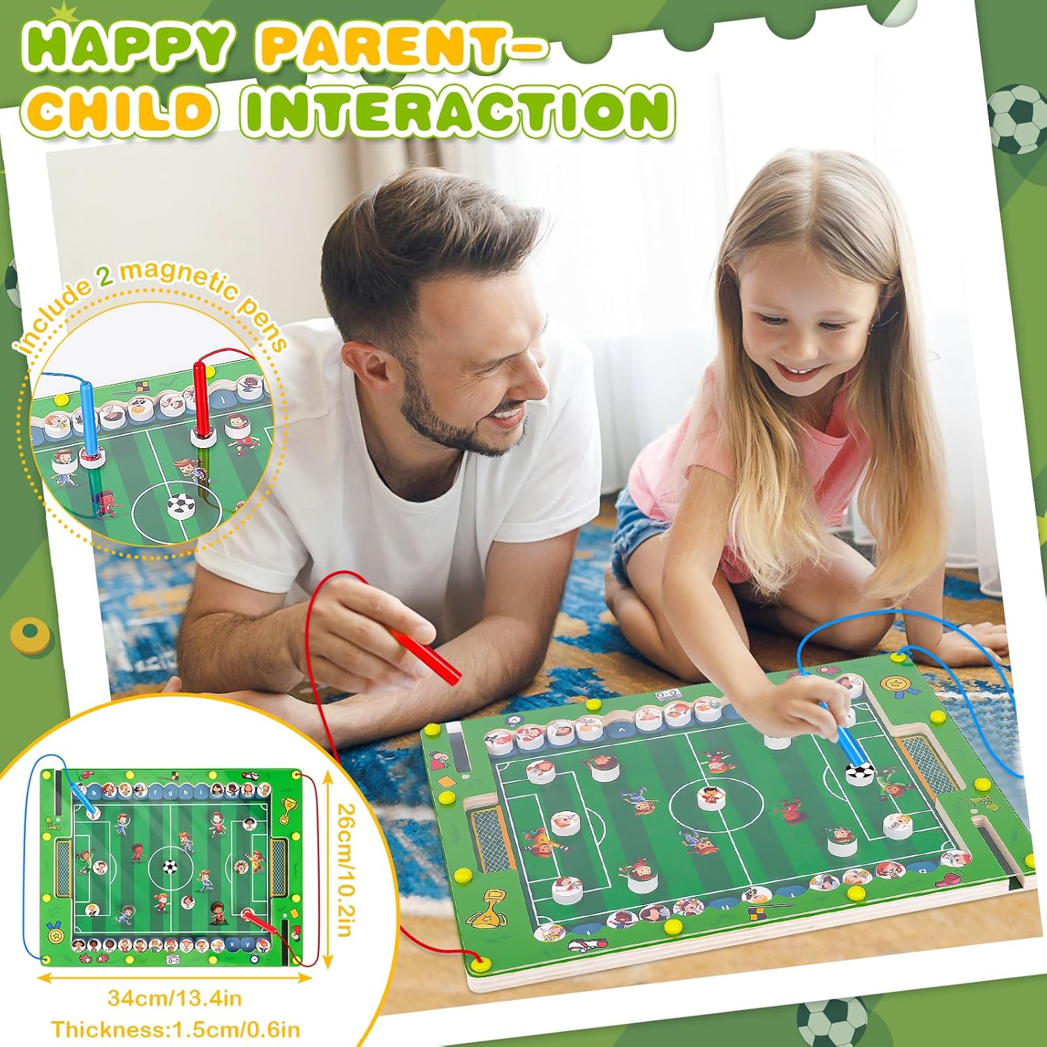 Child and parent enjoying the Montessori magnetic football alphabet puzzle with interactive gameplay