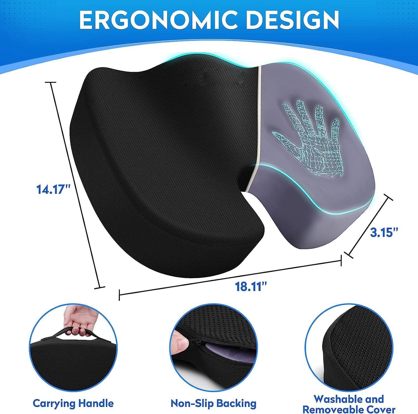 Ergonomic Coccyx Seat Cushion for Sciatica and Tailbone Pain – 50D Memory Foam Orthopaedic Cushion for Office Chair, Car, Gaming & Wheelchair – Includes 2 Washable Covers - Non-Slip Base