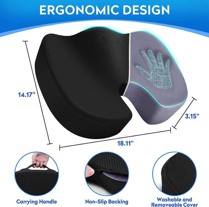 Ergonomic Coccyx Seat Cushion for Sciatica and Tailbone Pain – 50D Memory Foam Orthopaedic Cushion for Office Chair, Car, Gaming & Wheelchair – Includes 2 Washable Covers - Non-Slip Base