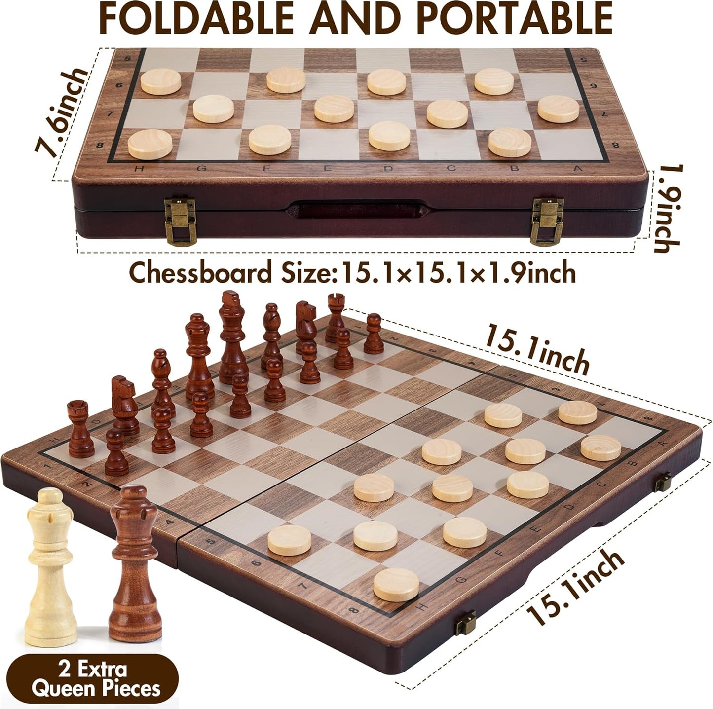 2 in 1 Magnetic Wooden Chess Set & Checkers Board Game