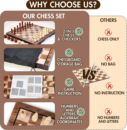 2 in 1 Magnetic Wooden Chess Set & Checkers Board Game