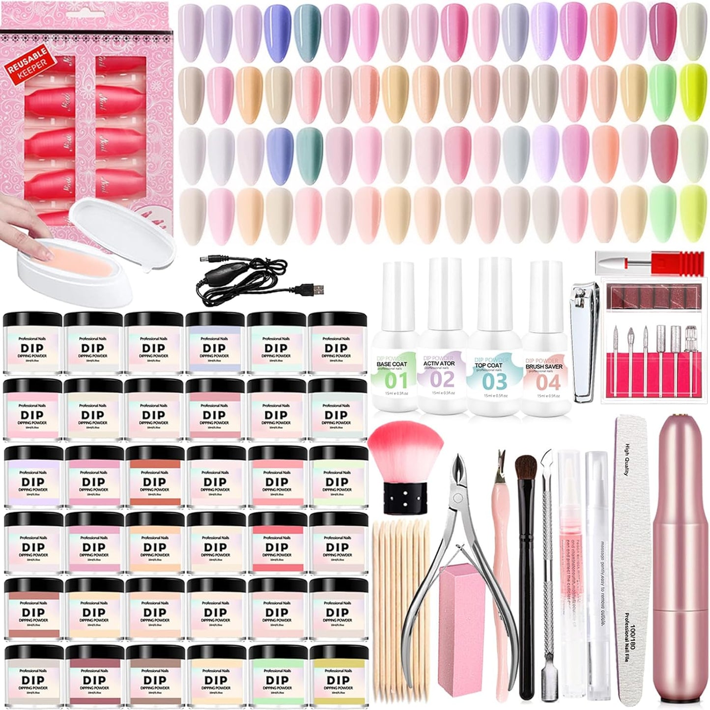 75Pcs Dipping Powder Nail Starter Kit 36 Colors Dip Powder French Set with Base Coat Activator Top Brush Saver Professional Electric Nail Drill Machine for DIY Home & Salon