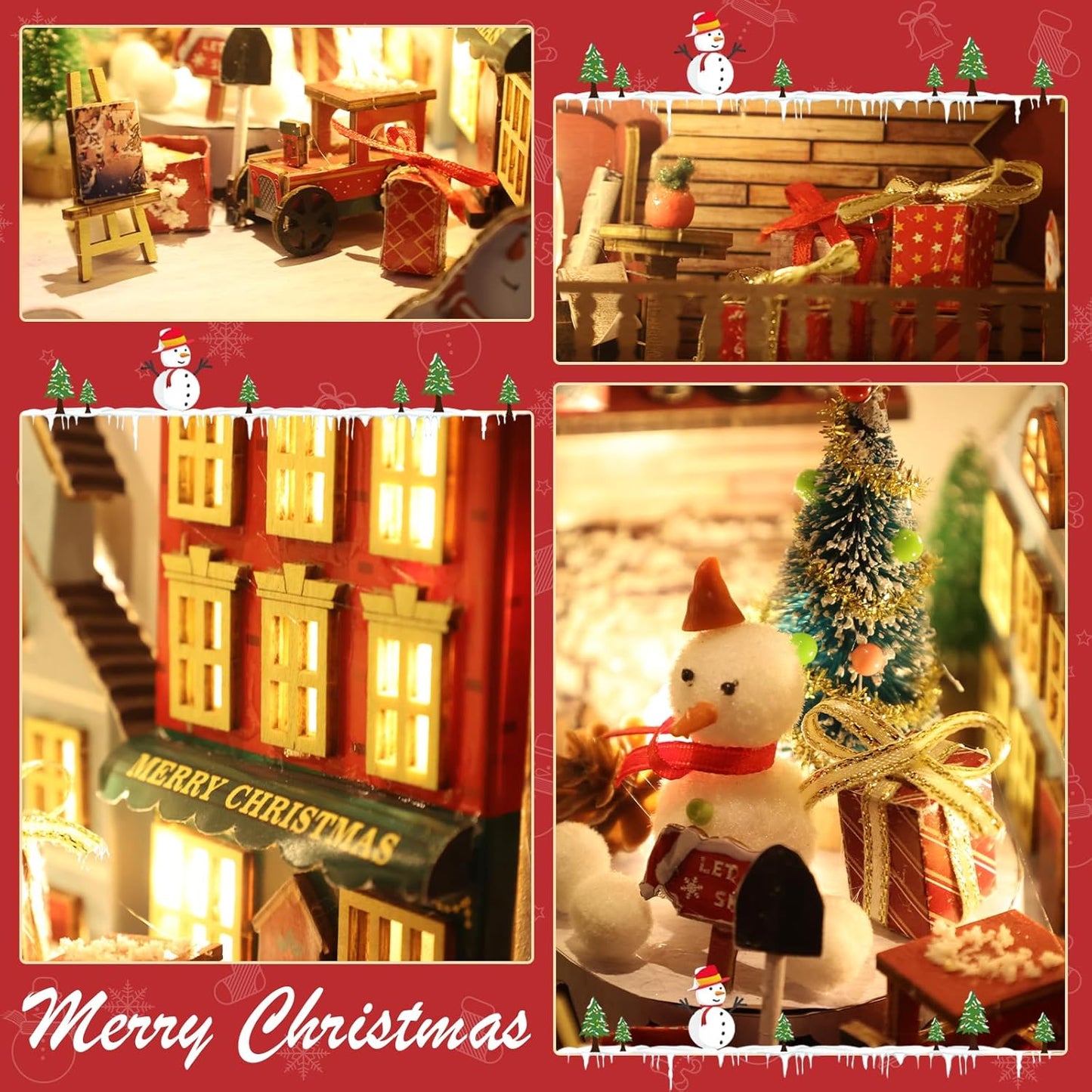 Book Nook, Christmas Miniature House Kit, 3D Puzzle Bookshelf Decoration with LED Light Dollhouse Gift Booknook Kit for Adults