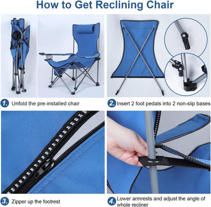Neloheac heavy duty reclining camping chair with easy setup instructions and adjustable features