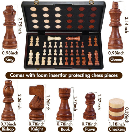 2 in 1 Magnetic Wooden Chess Set & Checkers Board Game