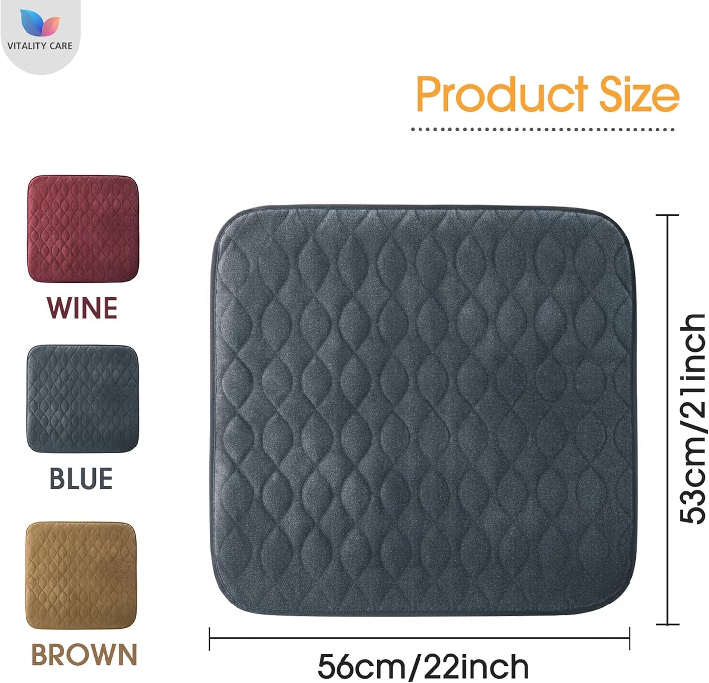 Vitality Care Chair Protector Pad with Waterproof Backing and Non-Slip Base, Washable 4-Layer Design for Chairs and Wheelchairs, Blue, 53x56cm NEW - DAMAGED PACKAGING