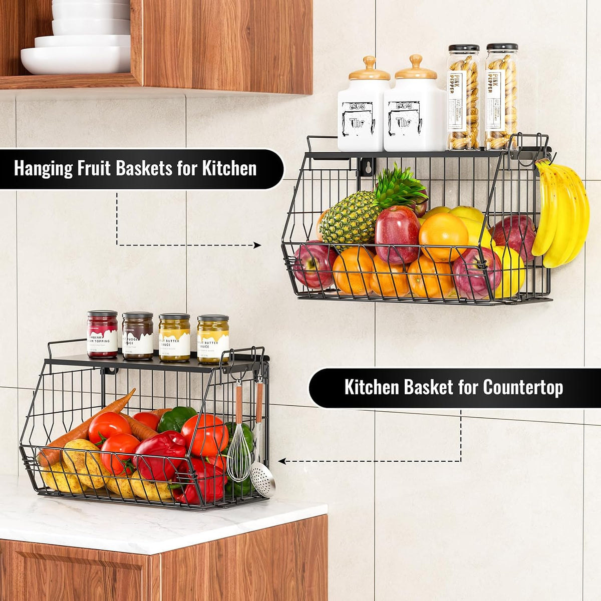 YSD 2-Tier Metal Storage Organizer Stackable Countertop & Wall Mount Shelf for Kitchen, Bathroom, Laundry - Hanging Fruit Basket, Vegetable Rack for Fruits, Veggies, Toiletries & Household Items