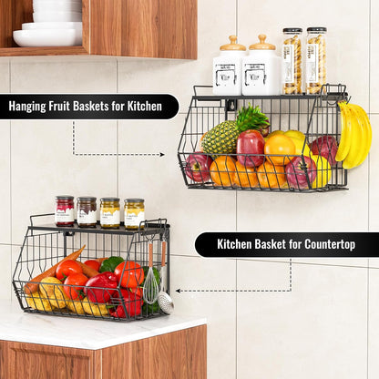YSD 2-Tier Metal Storage Organizer Stackable Countertop & Wall Mount Shelf for Kitchen, Bathroom, Laundry - Hanging Fruit Basket, Vegetable Rack for Fruits, Veggies, Toiletries & Household Items