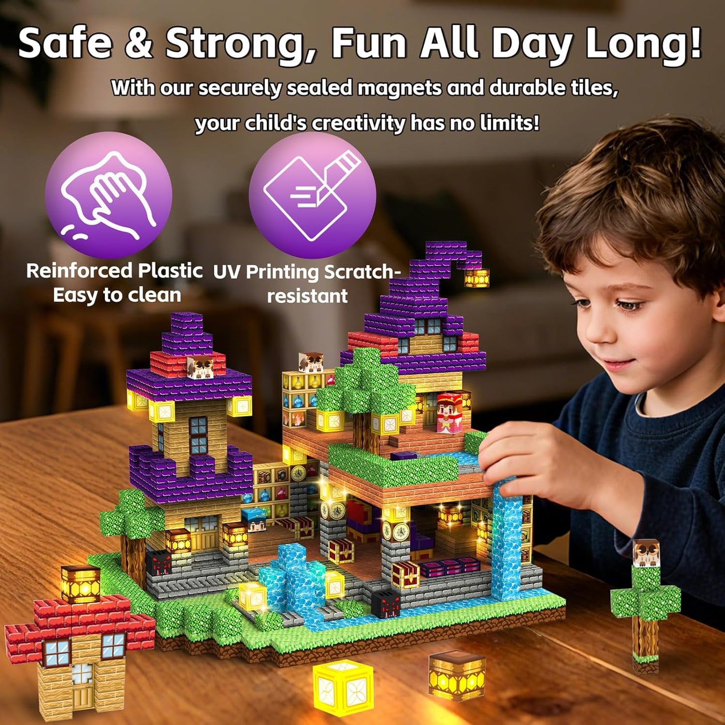 150pcs Magnetic Blocks - Magnetic School Castle Set with Light Up Blocks - Kids Classroom Sensory Toy for Toddlers STEM, Construction Stacking Toy Kids 3+ Boys Girls Christmas Birthday Gifts