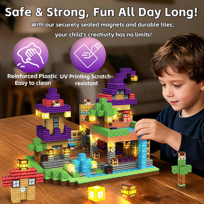 150pcs Magnetic Blocks - Magnetic School Castle Set with Light Up Blocks - Kids Classroom Sensory Toy for Toddlers STEM, Construction Stacking Toy Kids 3+ Boys Girls Christmas Birthday Gifts