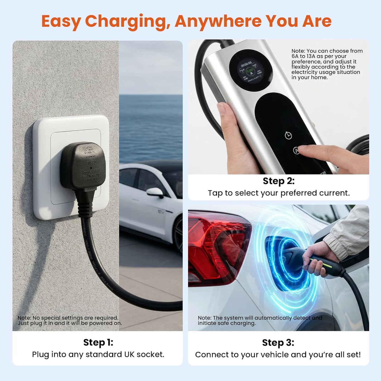 Portable EV Charger Type 2 to UK 3-Pin Plug, 3kW 13A Electric Vehicle Charging, Adjustable Current with Smart LCD Display & Delay Start, IP67 Waterproof, Compatible with Most car (5M)