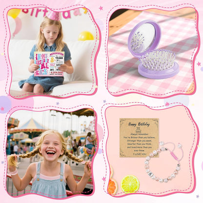 Zyphoria 8th birthday gifts for girls including a birthday card, hairbrush, bracelet, and cheerful girl with braids