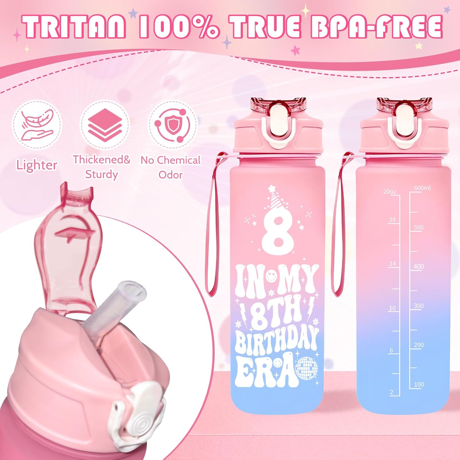 Zyphoria 8th birthday gifts for girls, a pink Tritan water bottle with fun graphics and a sturdy design