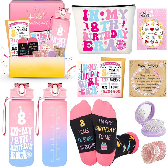 Zyphoria 8th birthday gifts for girls including water bottles, socks, and stationery for a fun celebration