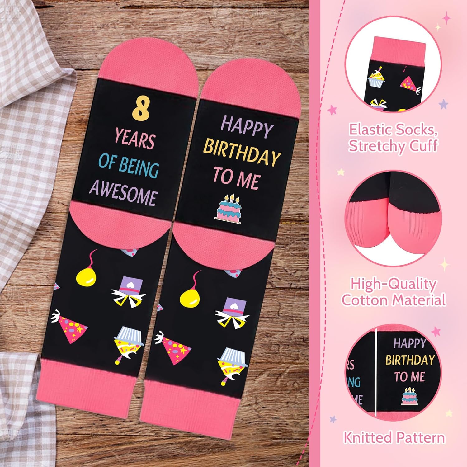 Zyphoria 8th birthday gifts for girls, colourful socks with fun birthday designs and stretchy cuffs.