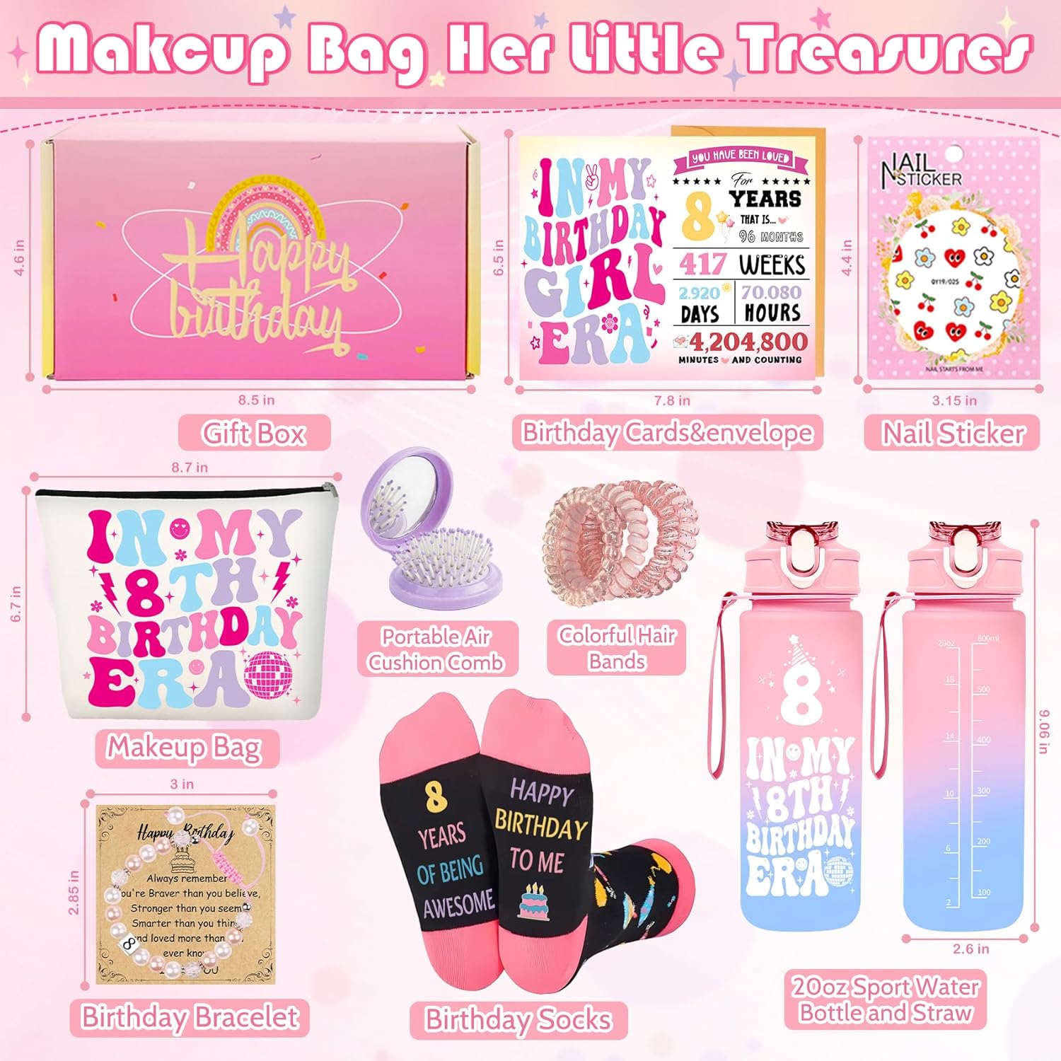 Zyphoria 8th birthday gifts for girls including a makeup bag, birthday socks, and a gift box