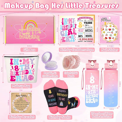 Zyphoria 8th birthday gifts for girls including a makeup bag, birthday socks, and a gift box