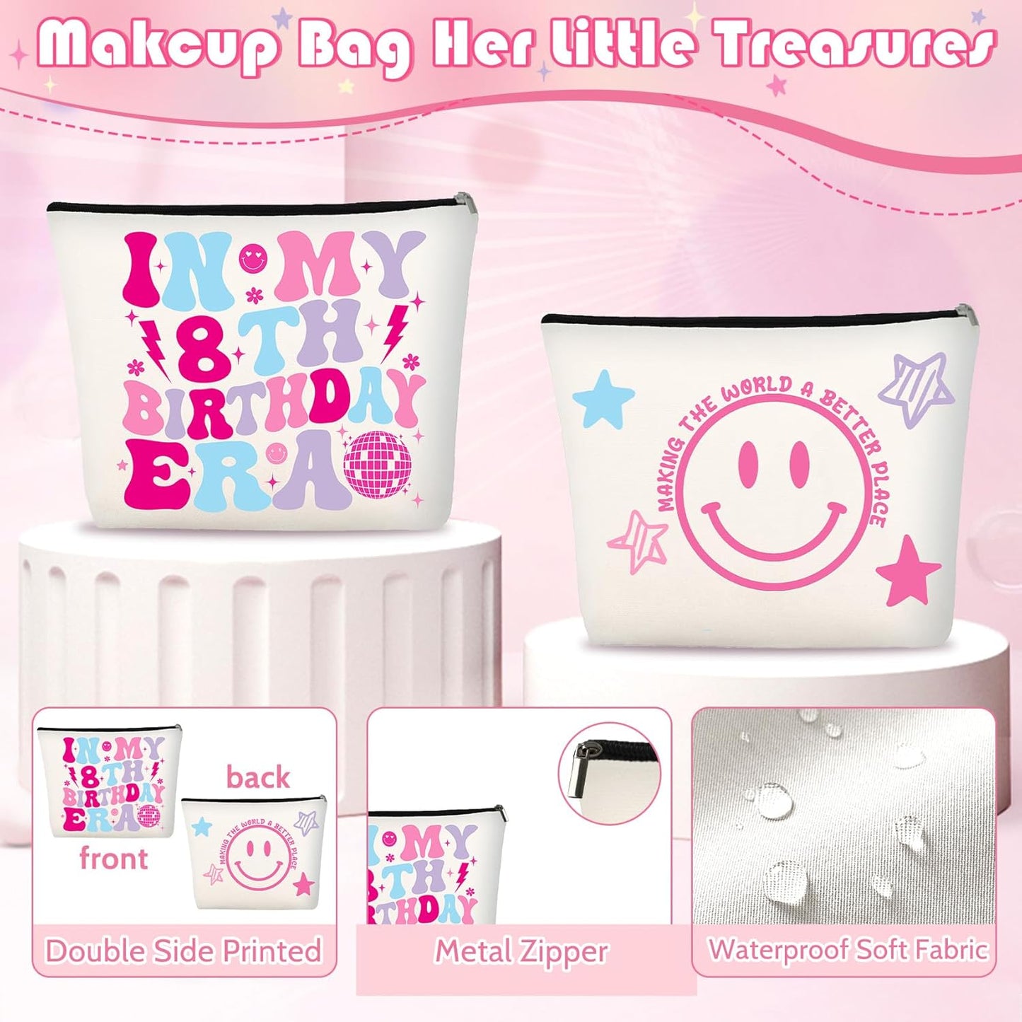 Zyphoria makeup bag with fun prints, ideal 8th birthday gifts for girls, waterproof fabric and metal zipper