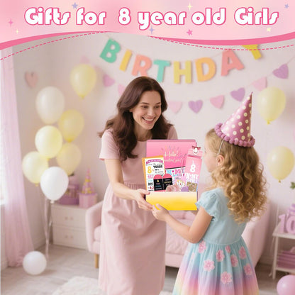 Mother gifting an 8th birthday gift for girls at a birthday party with decorations