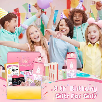 Colourful 8th birthday gifts for girls including party decorations and fun accessories
