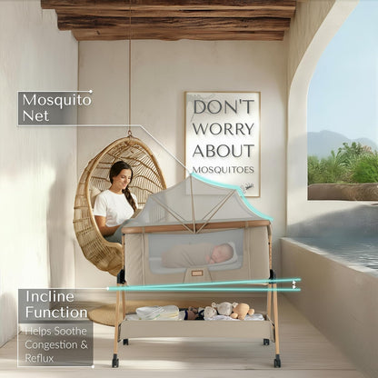 SnooBee Next To Me Bedside Crib & Baby Co-Sleeper – 6 Height Levels, Wheels, Quilted Mattress, Breathable Mesh Sides with Mosquito Net, Foldable Baby Cot with Carry Bag (0–6 Months) - Khaki/Pine