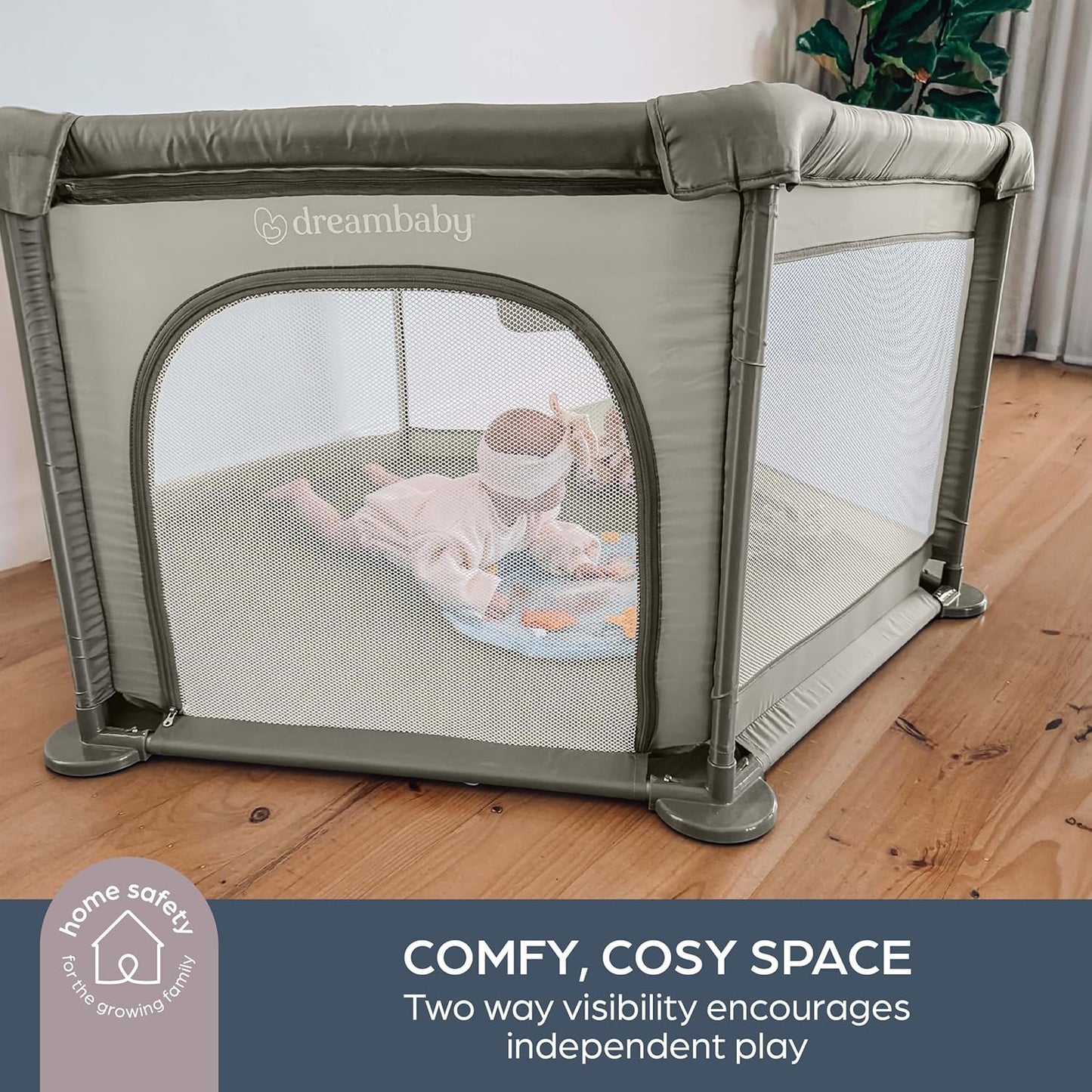 Dreambaby Large Explore Deluxe Fabric Playpen -Taupe. Padded Sides, Easy Assembly, Play Pen for Baby and Toddler, Play Yard, Breathable Mesh Fabric, Zip Door