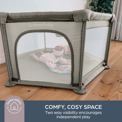 Dreambaby Large Explore Deluxe Fabric Playpen -Taupe. Padded Sides, Easy Assembly, Play Pen for Baby and Toddler, Play Yard, Breathable Mesh Fabric, Zip Door