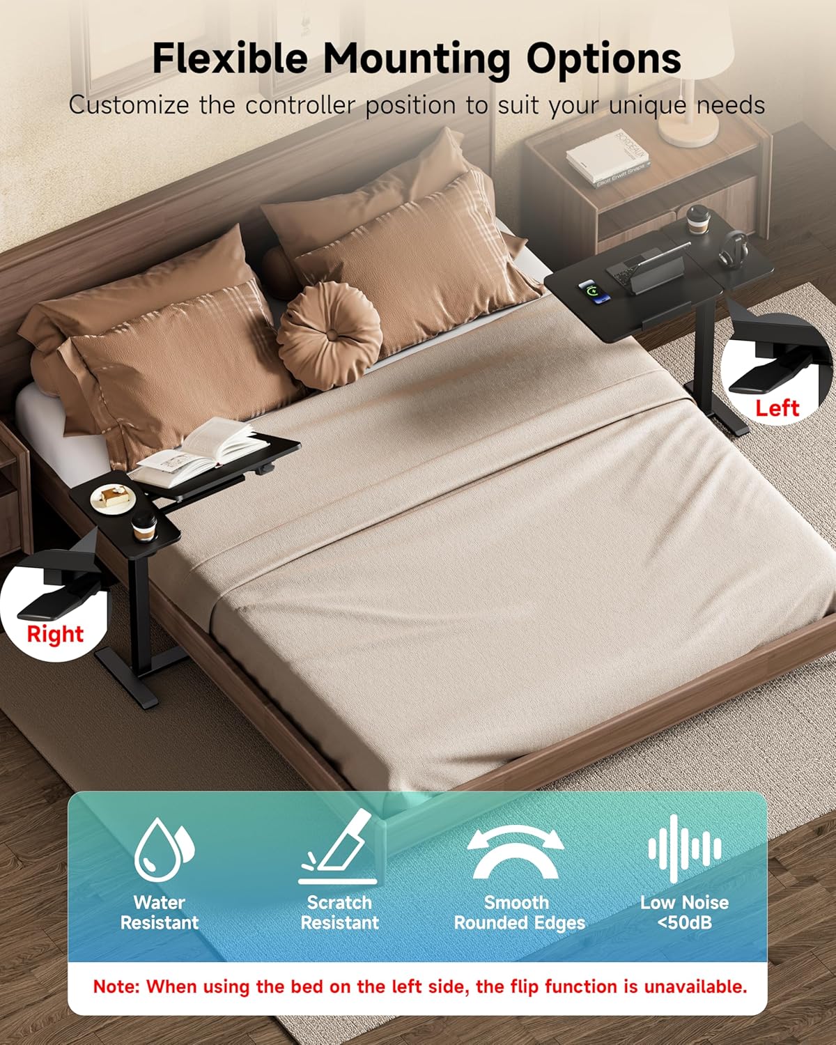 BIZUM Overbed Bedside Table with Hidden Wheels, Adjustable Medical Tilt Top Hospital Bed Table Over The Bed, Rolling Desk Mobile Standing Desk (70x40cm, Black)