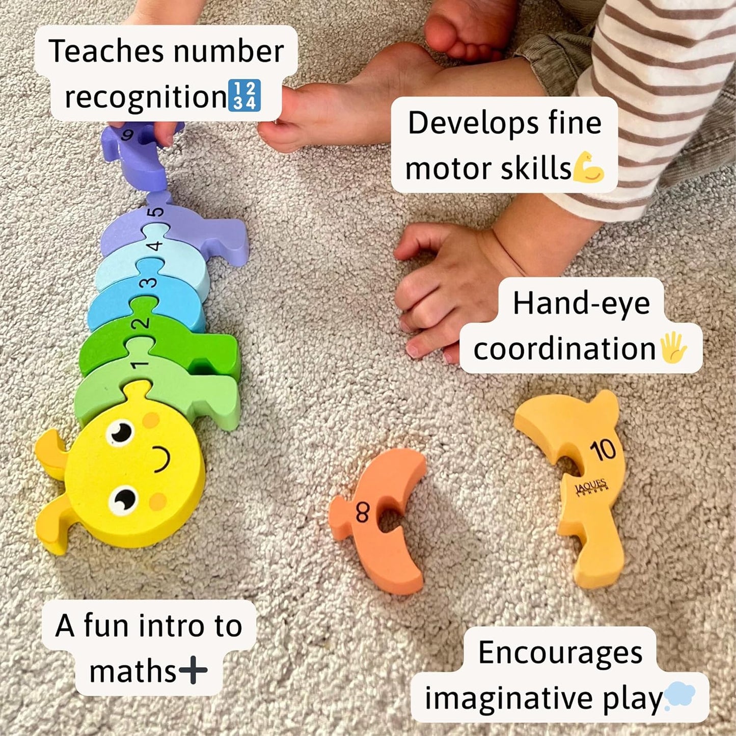 Jaques of London Wooden Number Puzzle | Counting Caterpillar Toddler Wooden Jigsaw with 11 Pieces | Educational Wooden Puzzle for 1 – 3 Year Olds | Since 1795