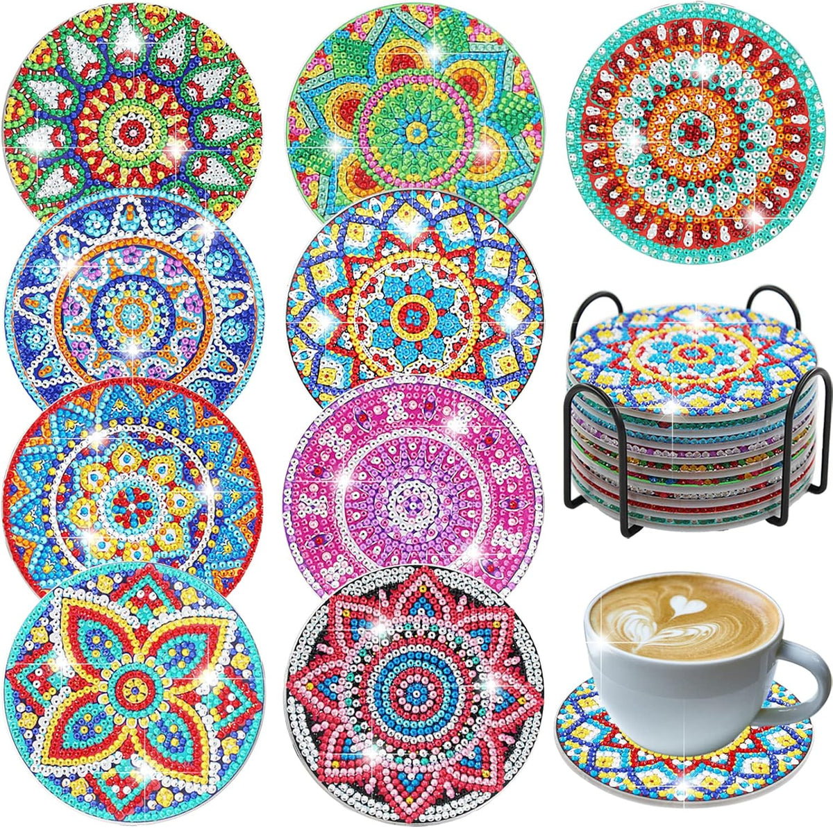 9 Pcs Diamond Art Coasters - DIY Mandala Diamond Painting Round Cup Coasters Kits Accessories with Holder for Beginners, Kids & Adults