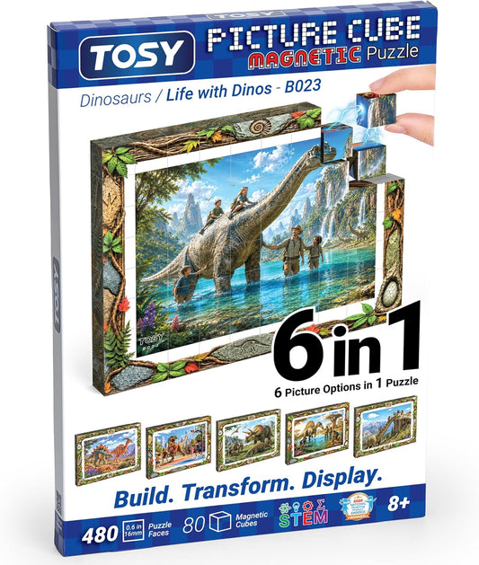 TOSY Picture Cube Life with Dinos: 6-in-1 Magnetic Picture Puzzle, 80 Blocks, 480 Puzzle Faces, 0.63 in, B023, Seamless UV Art, Display-Ready Frame, Collectible, STEM/STEAM Gift for Kids & Adults
