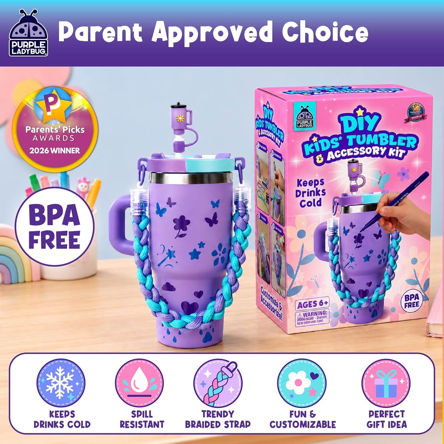 DIY Kids Tumbler with Straw and Lid - 14oz Insulated Stainless Steel Tumbler for Girls